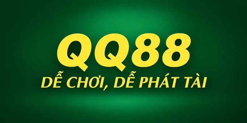 Logo QQ88 và slogan Dễ chơi, dễ phát tài màu vàng trên nền xanh.
